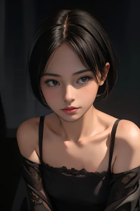 (Best Quality, masutepiece:1.2, 超A high resolution, Realistic:1.5), Raw photo, 1girl in, Off-shoulder, In the Dark, Deep Shadows, low key lighting, Cool color tones, a captivating gaze, Short hair, foggy atmosphere, mystic atmosphere, subtle highlights, dr...