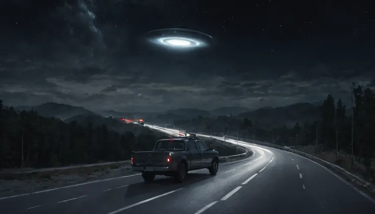 (best quality 1.2)1960, night, a highway patrolman looking at a UFO on a highway