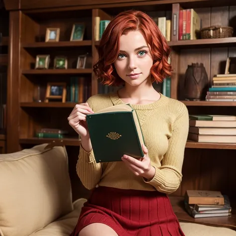 1girl, penny from Stardew valley, short red hair, green eyes, petite body, 20 years old, yellow knit top, brown skirt, holding a book.