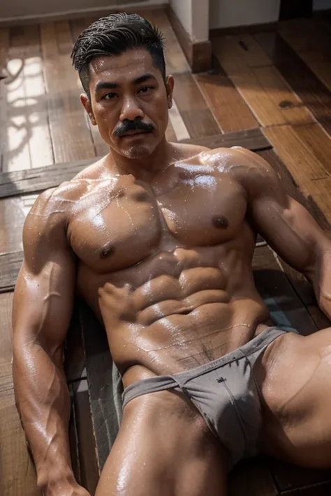 A young Thai grandfather with gray hair, a mustache, a muscular body, tattoos, wearing bulging underwear and lying on the wooden floor, wet with sweat.