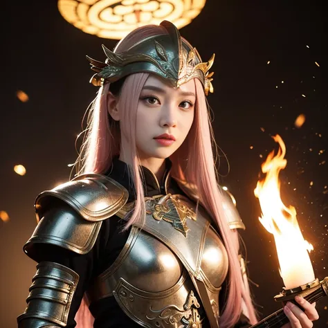 Ancient Chinese wars，Female general，Chinese woman，Fairy in armor looks mature and sexy，Headband helmet bleached pink hair，Charming eyes and good figure，Ancient scenes，heroic look，Sword in hand，Sexy and attractive figure is very detailed, the ultra-detailed...