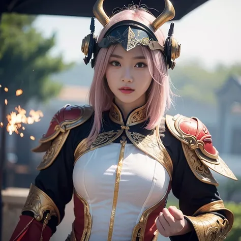 Ancient Chinese wars，Female general，Chinese woman，Fairy in armor looks mature and sexy，Headband helmet bleached pink hair，Charming eyes and good figure，Ancient scenes，heroic look，Sword in hand，Sexy and attractive figure is very detailed, the ultra-detailed...