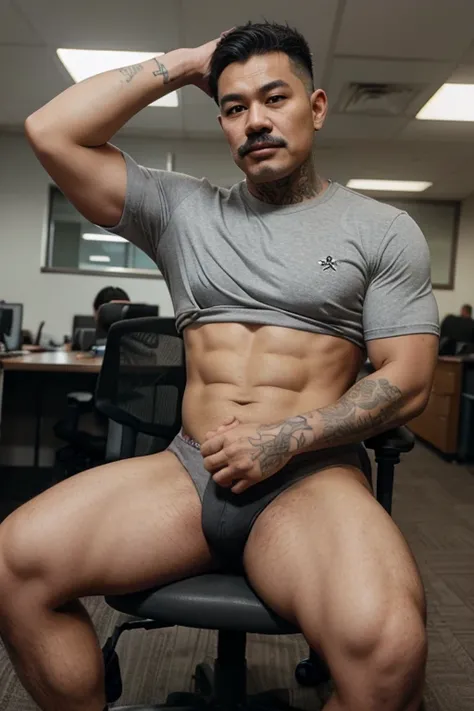 A young Thai grandfather with gray hair, a gray mustache, a stocky body with tattoos, wearing an office shirt and bulging underwear sits on a chair.