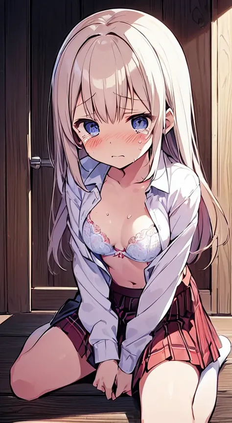 masutepiece, Best Quality,Illustration, Wallpaper, Ultra Detail, Little Face Lori、(((molesting)))、((fear))、(Teary-eyed:1.5)、(((Cute white underwear)))、(blazers、Kilted skirt)、ample breasts、((Morester))、((Girl getting her bra removed by a man))