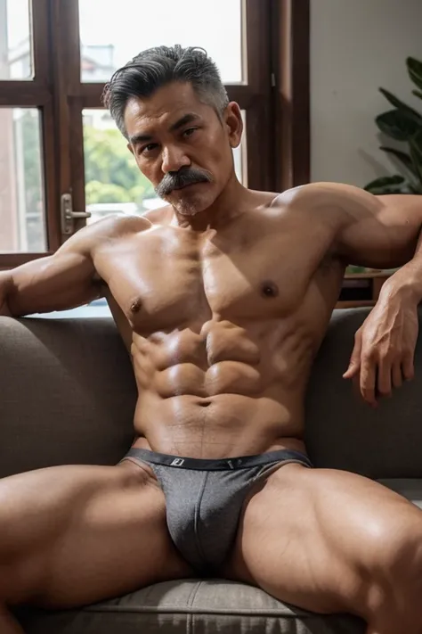 A young Thai grandfather with gray hair, a mustache, a muscular body, wearing bulging underwear sits on a wooden sofa.