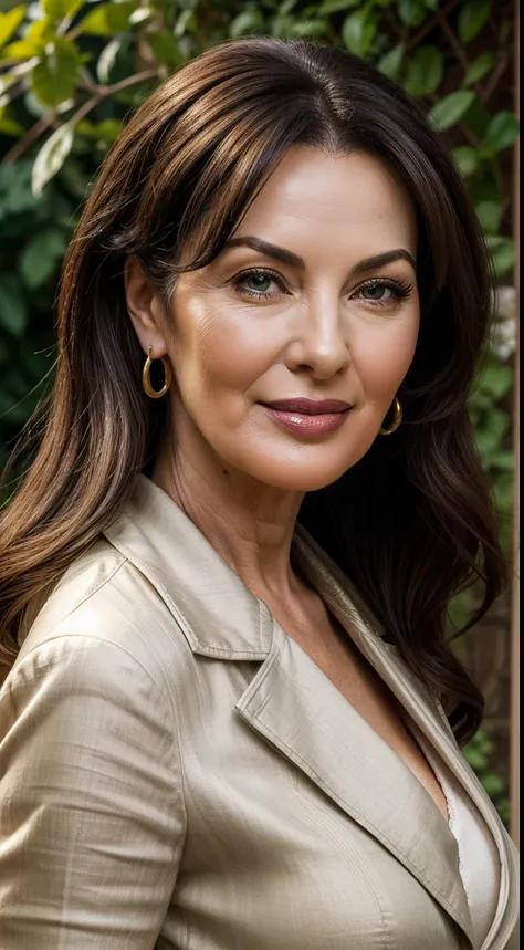 photo of a Mature woman resembling Monica Bellucci, 1girl, solo, realistic, garden, sensual posing, linen green jacket, white shirt, green fancy skirt, 50 years old, smirk, HDR, ( highly detailed skin:0.9), flowing black hair, seductive smile, (erotic:0.8)...