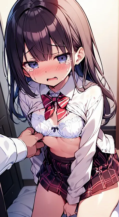 masutepiece, Best Quality,Illustration, Wallpaper, Ultra Detail, Little Face Lori、(((molesting)))、((fear:1.5)))、(Teary-eyed:1.5)、(((Cute white underwear)))、(blazers、Kilted skirt)、ample breasts、((Morester))、((Girl getting her bra removed by a man))