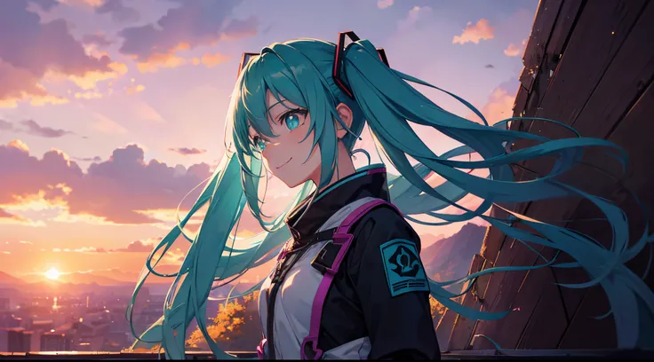 1 girl Hatsune Miku, ((detailing)) ,((The face is beautiful)), ((Cyan eyes)) stands on a hill and looks at the sunset with his back ,dressed in the uniform of a pioneer from the USSR ,her hands are folded behind her back as if she is waiting for something ...