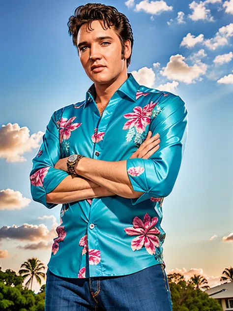 eptheking fullbody photo of elvis presley man wearing blue aloha shirt, standing with his arms crossed, sky in the background, professional photography, digital photography, high quality, high resolution, intricate details, very sharp, detailed face, detai...