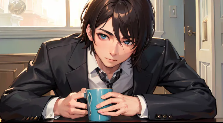 (((A realistic photo))), a male anime character leaning his back against a table in suit jacket, 1boy, male focus, clock, brown hair, smile, solo, heterochromia, cup, brown eyes, virtual YouTuber, ((RAW photo, CG Unity, photografic, ultra realistic details...