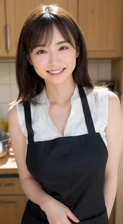 (bestquality, 10, masterpiece: 1.3), beautiful woman with a perfect figure: 1.4, dark-brown hair, Wear a pendant, Wear an apron., In the kitchen, Highly detailed face and skin, detailed eyes, 二重まぶた, Big breasts, smile, cooking, apron, long-haired