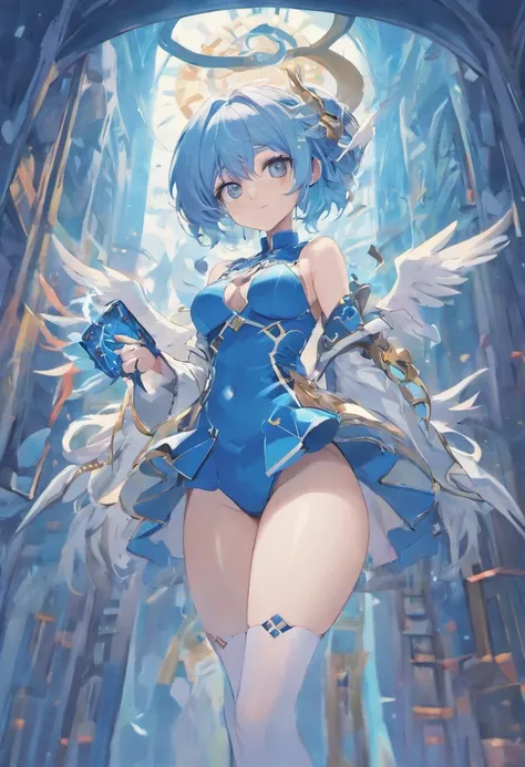 Blue and white shoulder length hair，Only one side of the dragon horn，Lori huge breasts cleavage，Ark of tomorrow，Handsome clothes，With gray eyes，libraryai，magic book，holding handgun，obi strip，Ribbon on the back，Card fanny pack，white stockings，athletic sneak...