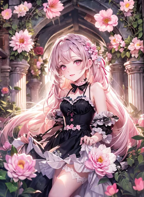 exquisitedetails, Highest quality 8K resolution, Ultra-detailed, Realistic, Vibrant colors, Soft tones, With warm and gentle lighting, (Beautiful Gothic Black Dress, Pretty Pink Ribbon, Beautiful frills:1.2),(Smooth straight pink hair:1.2),(Hair parted in ...