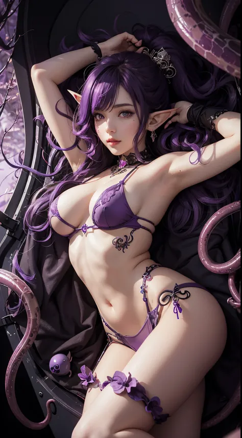 She&#39;s a Mahou Shoujo trapped by demon tentacles. Purple Undercut Curly Hair. Fairy (Elf). Shes a big tits. (Dark Fantasy).