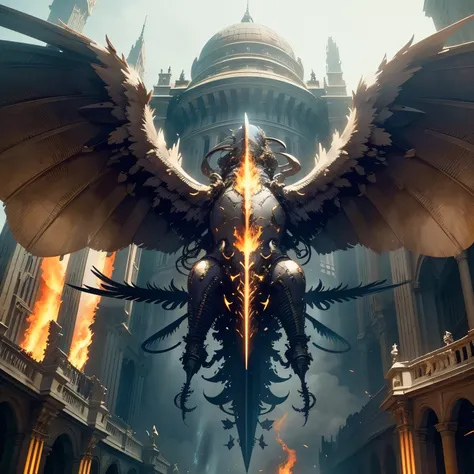 detailed face, super low angle, (flying seraph), (long and wide 12 wings), thick sword on fire, ruins in the city, skyscraper, impact, high speed, flame, (necklace on fire), (battle field), 3 fighter jet,