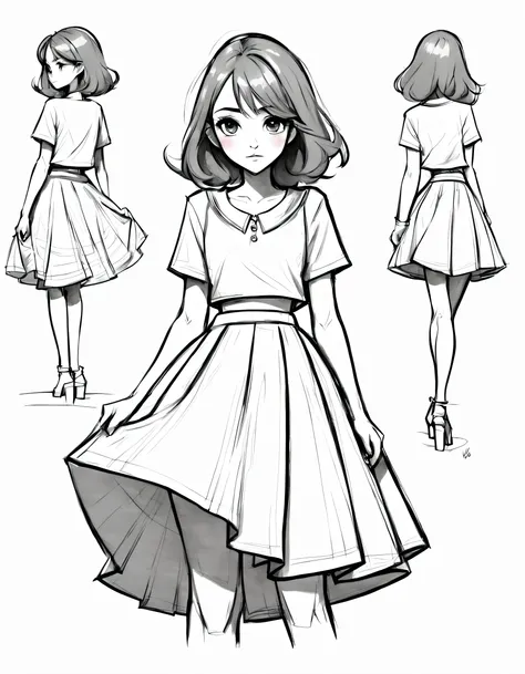 character concept design, line art，clothing design sketch，a skirt，high quality illustrationtiz，meticuloso，pencil drawing，pen pai...