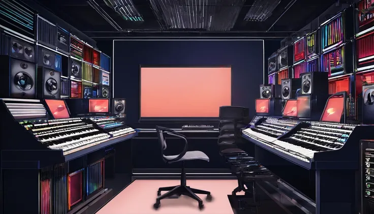 Music studio,dark chamber, the night, Computer, keyboards, Earphone, Monitor the speaker, pianos, guitar，Small lights, Background with, sofe,, Sateen, nigh sky, nightcity, No Man, A high resolution, Super sharp, 8K, tmasterpiece