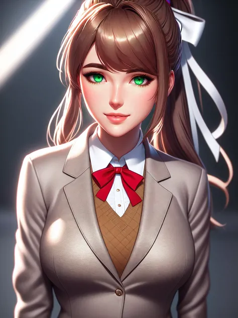 (solo:1.3) Monika, young, light brown hair, high ponytail, large white bow, prominent strands of hair, neatly cut fringe, (warm gray blazer, brown wool vest, immaculate white shirt, red ribbon on the collar). Maximum sharpness, UHD, 16K, anime style, best ...