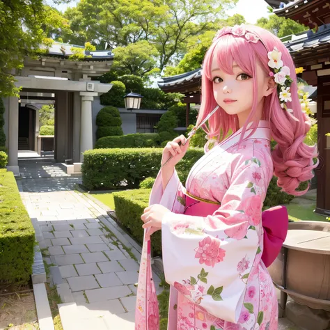 1 girl with a whole body、A pink-haired、Curly hair、floral headband、Courtyard of the mansion、Gorgeous kimono、off shoulders、Holding a parasol、Japan anime-style odd-eye,