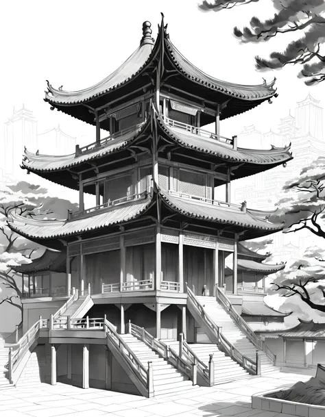 Architectural concept design, line art，Chinese Dou Gong Pavilion，High quality illustrationtiz，pencil drawing，pen painting，