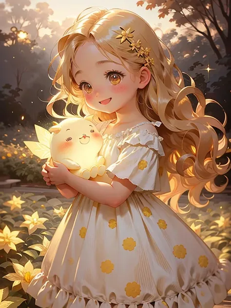 1girl in, Chibi, Cute, Long hair, Light blonde hair, glowing gold eyes, rose garden, Floral dress, Sunlight, Smile, Happy, fairy,