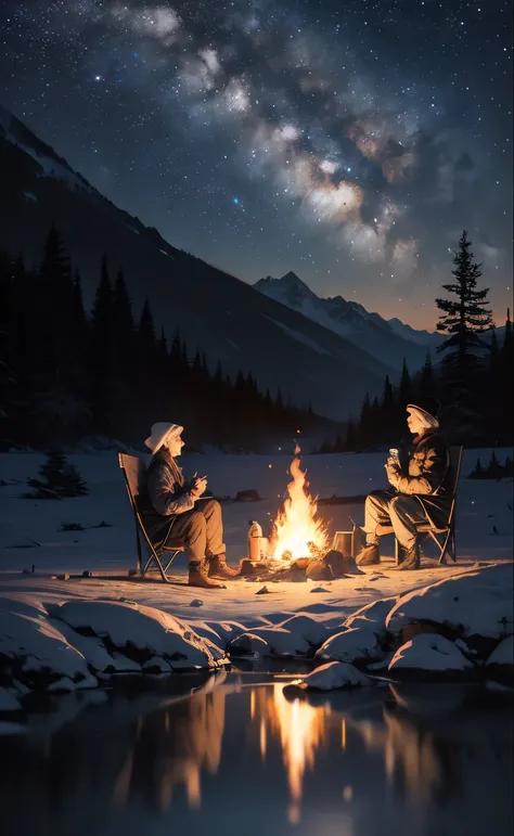 masterpiece, best quality, ultra-detailed, illustration, 1girl, solo, outdoors, camping, night, mountains, nature, stars, moon, bonfire, tent, twin ponytails, green eyes, cheerful, happy, backpack, sleeping bag, camping stove, water bottle, mountain boots,...