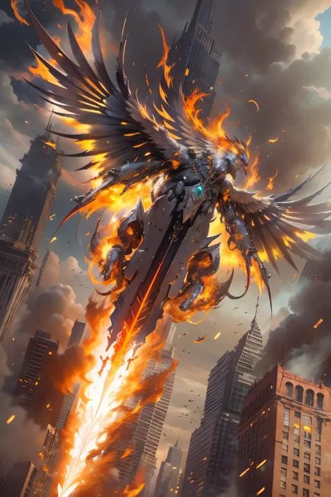 detailed face, super low angle, (flying seraph), (long and wide 12 wings), thick sword on fire, ruins in the city, skyscraper, impact, high speed, flame, (necklace on fire), (battle field), 3 fighter jet,