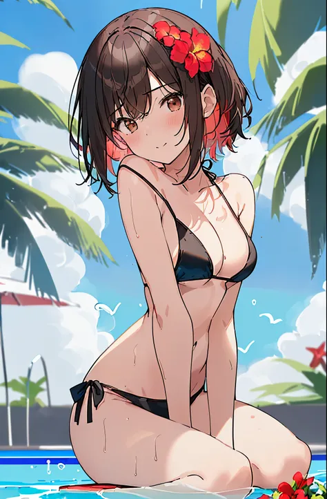 top-quality、​masterpiece、(1 adult female:1.3)、(Soft bust:1.2)、Natural Big、cleavage of the breast、(to close range:1.2)、slender、Seated Pose、Chest thrusting pose、(Thin and simple black small bikini swimsuit:1.2)、(White highlights of the pupil:1.2)、dark red-br...