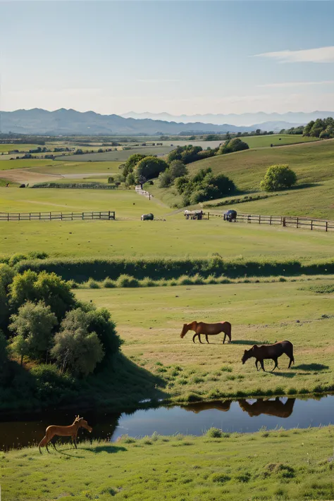 Watercolor artistic image of a land with horses and a dog