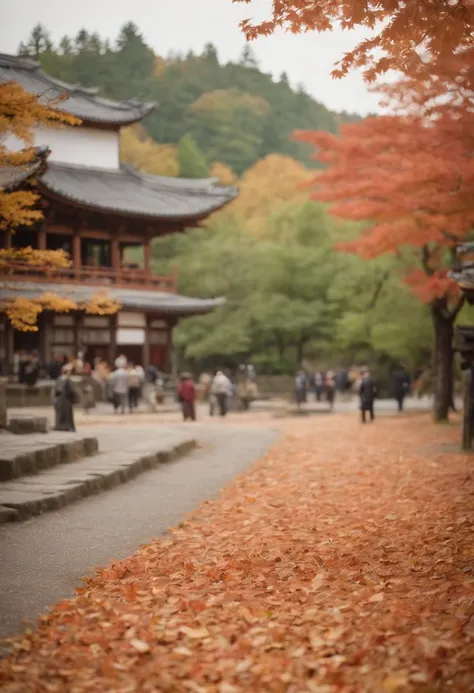 Kyoto on auntum with falling leaves