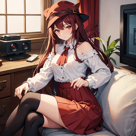 "anime girl, 1 person, dark red hair, shoulder length hair, dark red eyes, wearing a small hat, small hat, red hat with yellow trim, wearing a womens shirt, shirt uniform, dark red skirt, big breasts, pants  socks, blushing, sitting on old TV, sitting cros...