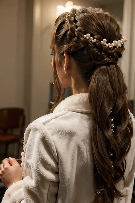 A girl in a fur coat shows a wedding hairstyle for long hair with pearls in her hair. View from the back with the head turned in profile