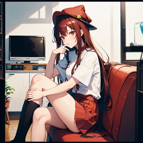 "anime girl, 1 person, dark red hair, shoulder length hair, dark red eyes, wearing a small hat, small hat, red hat with yellow trim, wearing a womens shirt, shirt uniform, dark red skirt, big breasts, pants  socks, blushing, sitting on old TV, sitting cros...