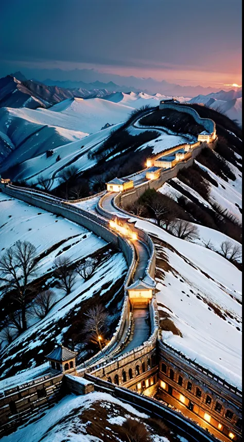 Heavy snowfall in winter，The winding Great Wall is covered in silver，high-definition picture quality，Aerial photography of beautiful scenery，Oh really