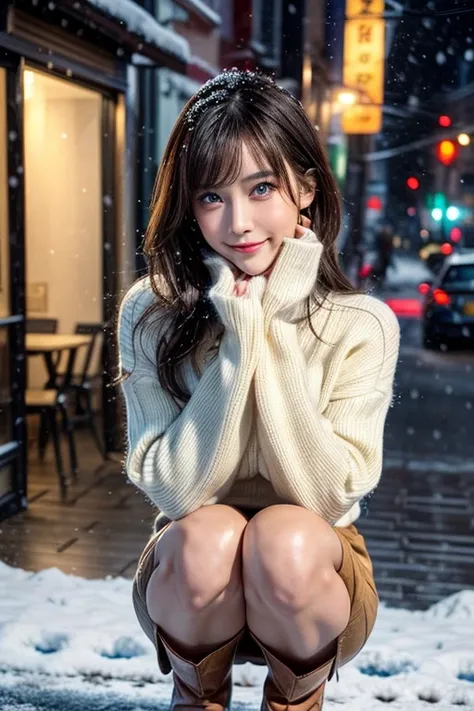 (masutepiece:1.3, Photorealsitic:1.4, 8K), top-quality, ​masterpiece, 超A high resolution, Perfect dynamic composition, Highly detailed skin and facial texture:1.3, A detailed eye, Detailed limbs, Winters, snowflakes falling:1.2, Snowfall landscape at night...