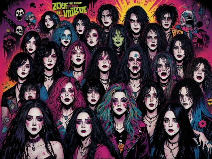 Horde of scary hair zombies from the 1980s, In the style of vibrant album cover art, 80&#39;magnifica, glam death, uhd image, Exuberant