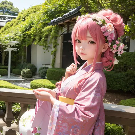 1 girl with a whole body、A pink-haired、Curly hair、floral headband、Courtyard of the mansion、Gorgeous kimono、off shoulders、Holding a parasol、Japan anime-style odd-eye,