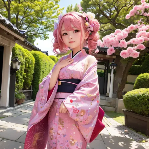 1 girl with a whole body、A pink-haired、Curly hair、floral headband、Courtyard of the mansion、Gorgeous kimono、off shoulders、Holding a parasol、Japan anime-style odd-eye,