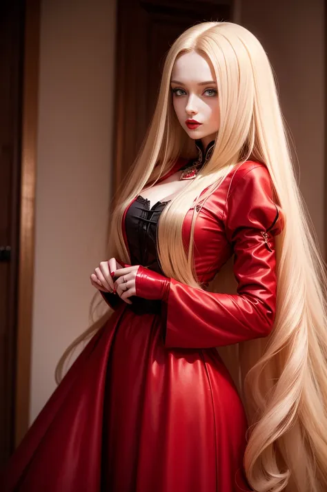 long straight hair and red lips, ekaterina,  professional photograpy, 30 year old female,a blond、Medieval red color dress、Red Extensions、