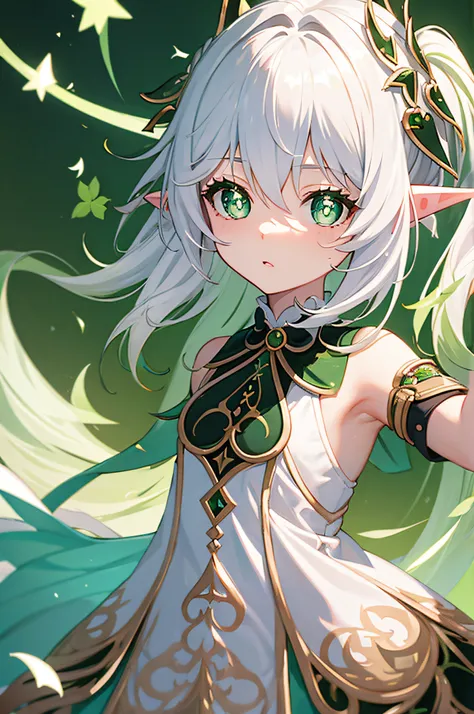 White-haired loli，dynamic action，Spoiled and cute，genshin，upperbody closeup，Green eyes，star-shaped bule pupils，dual horsetail，Beth，the elf，pointy ears，ellegance