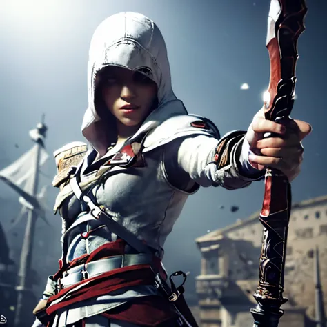 1chica rubia de ojos azules con una tunica blanca de asesio con capucha, tener armas como una espada en un cinturon de tela color rojo, decoraciones en su ropa estilo assassins creed, de fondo florencia