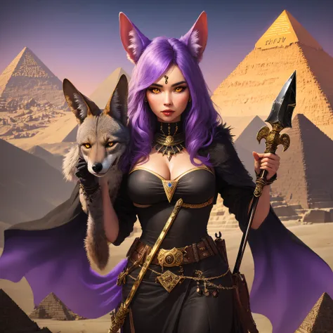 Female jackal, black, holding obsidian dagger, gold eyes, purple sky, pyramid background