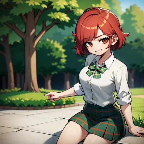 Young girl, short red hair. Student outfit, green plaid skirt, in front a school, smilingpink trees in scenery, 4k, otomegame, masterpiece