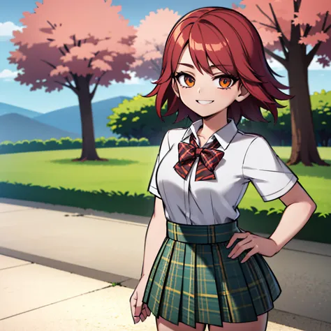 Young girl, short red hair. Student outfit, green plaid skirt, in front a school, smilingpink trees in scenery, 4k, otomegame, masterpiece