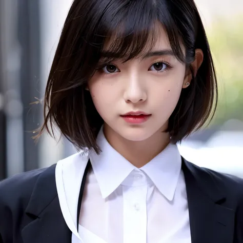 1 girl in、huge tit、Big butt、short-hair、A dark-haired、red eyes、wearing a black suit over a white shirt、Mole under left eye、sex