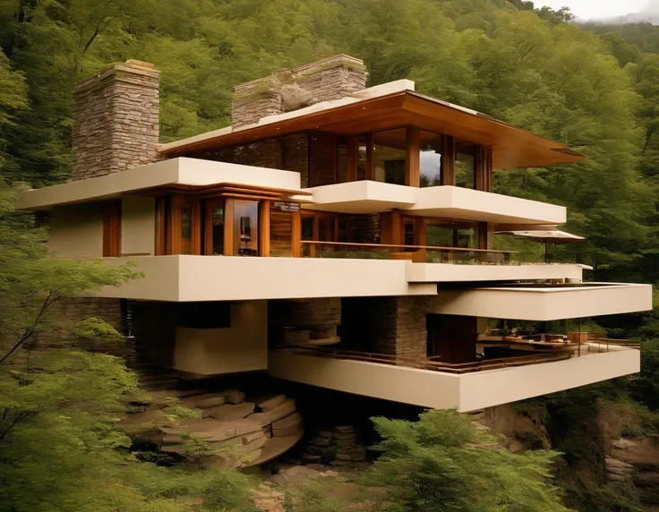 a small futuristic wooden house on a green hill, (((one store house))) (minimalism influence), ((Frank Lloyd Wright Fallingwater)),(((with large terraces))), ((natural lake)), waterfall, one-story house, big panorama windows. (((Standing wooden panels))) V...