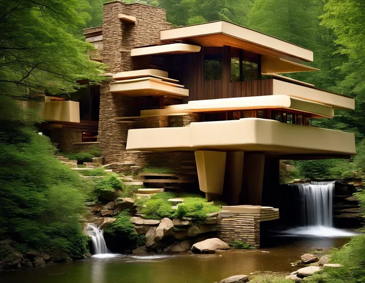 a small futuristic wooden house on a green hill, (((one store house))) (minimalism influence), ((Frank Lloyd Wright Fallingwater)),(((with large terraces))), ((natural lake)), waterfall, one-story house, big panorama windows. (((Standing wooden panels))) V...