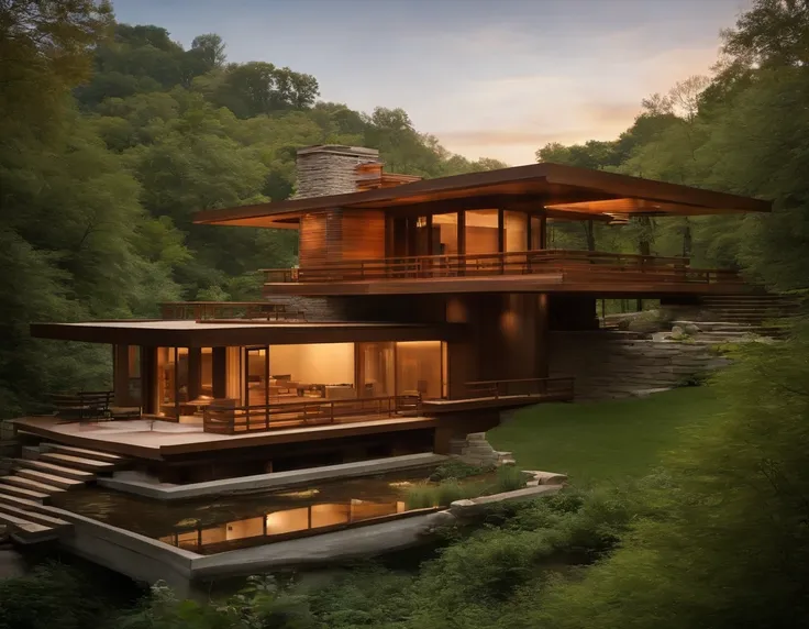 a small futuristic wooden house on a green hill, (((one store house))) (minimalism influence), ((Frank Lloyd Wright Fallingwater)),(((with large terraces))), ((natural lake)), waterfall, one-story house, big panorama windows. (((Standing wooden panels))) V...