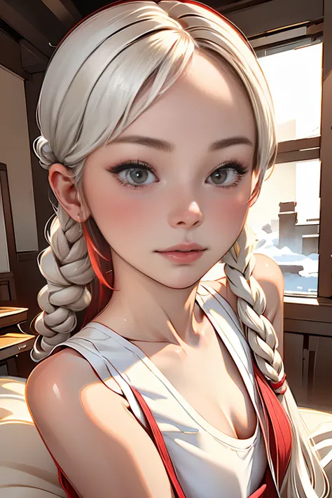 Realistic portraits、European young woman、Ash Blonde Girl、Loosely bundled braid、extremely realistic face、Ultimate Beauty、skinny  body、Snow-like skin、、Attractive butt、Awkward ass、(((White tank top and red T-back)))