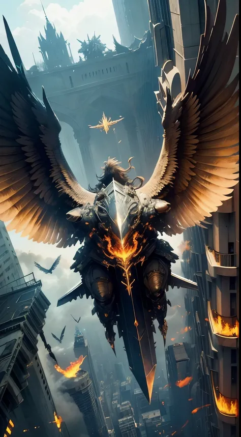 detailed face, super low angle, (flying seraph), gods weapon, face, (long and wide 12 wings), thick sword on fire, ruins in the city, skyscraper, impact, high speed, flame, (necklace on fire), (battle field), 3 fighter jet,